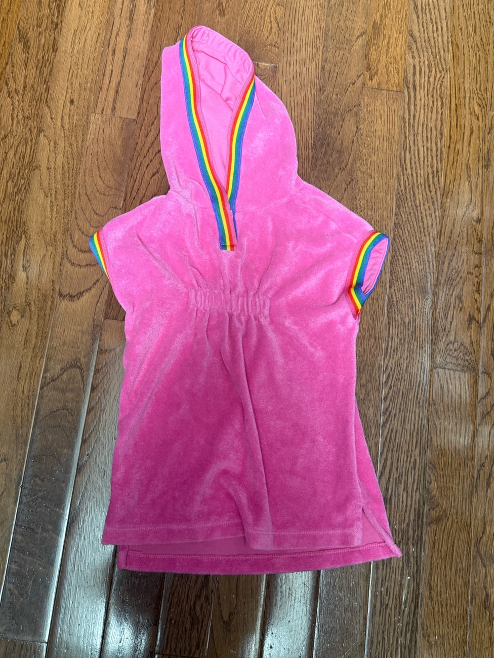 Hanna Andersson Pink Hooded Terry Coverup Dress with Rainbow Trim 2T